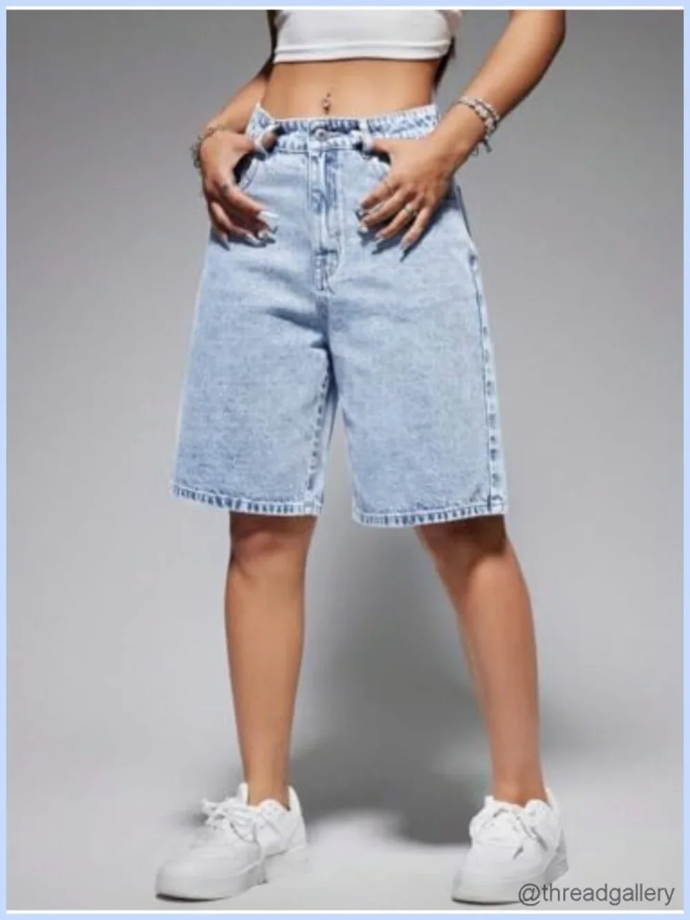High Waisted Stretchy Denim Bermuda Shorts with Pockets